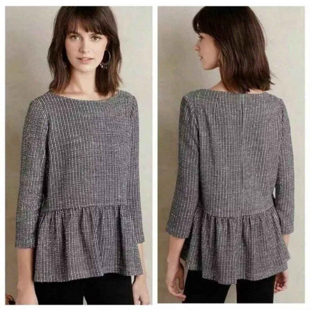 Anthropologie Amadi Black White Stripe Dot Peplum Ruffle Fitted Top Blouse XS